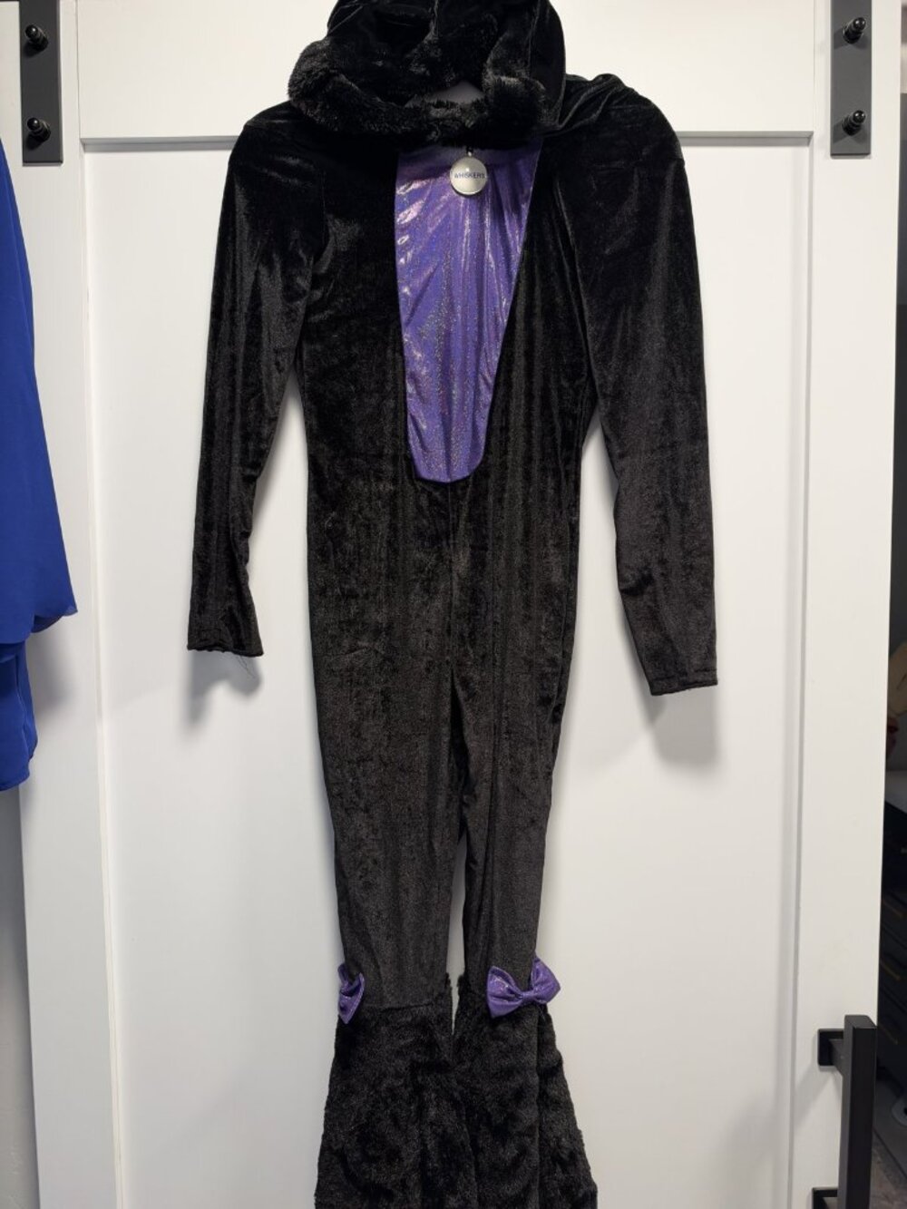 Girls Black Cat Costume Jumpsuit Hood w/ Ears Purple Sparkle Faux Fur Halloween
